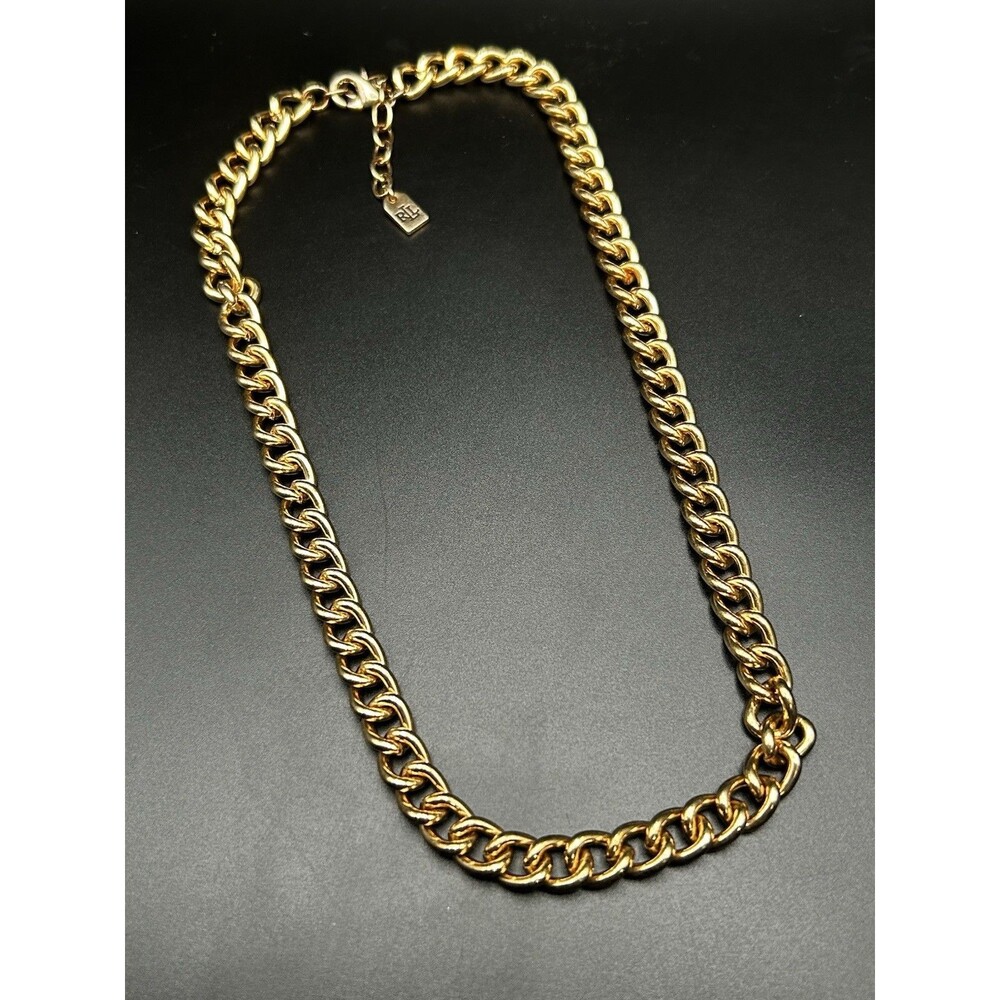 Ralph Lauren Gold Tone Curb Link Chain Necklace Adjustable Lobster Clasp Signed